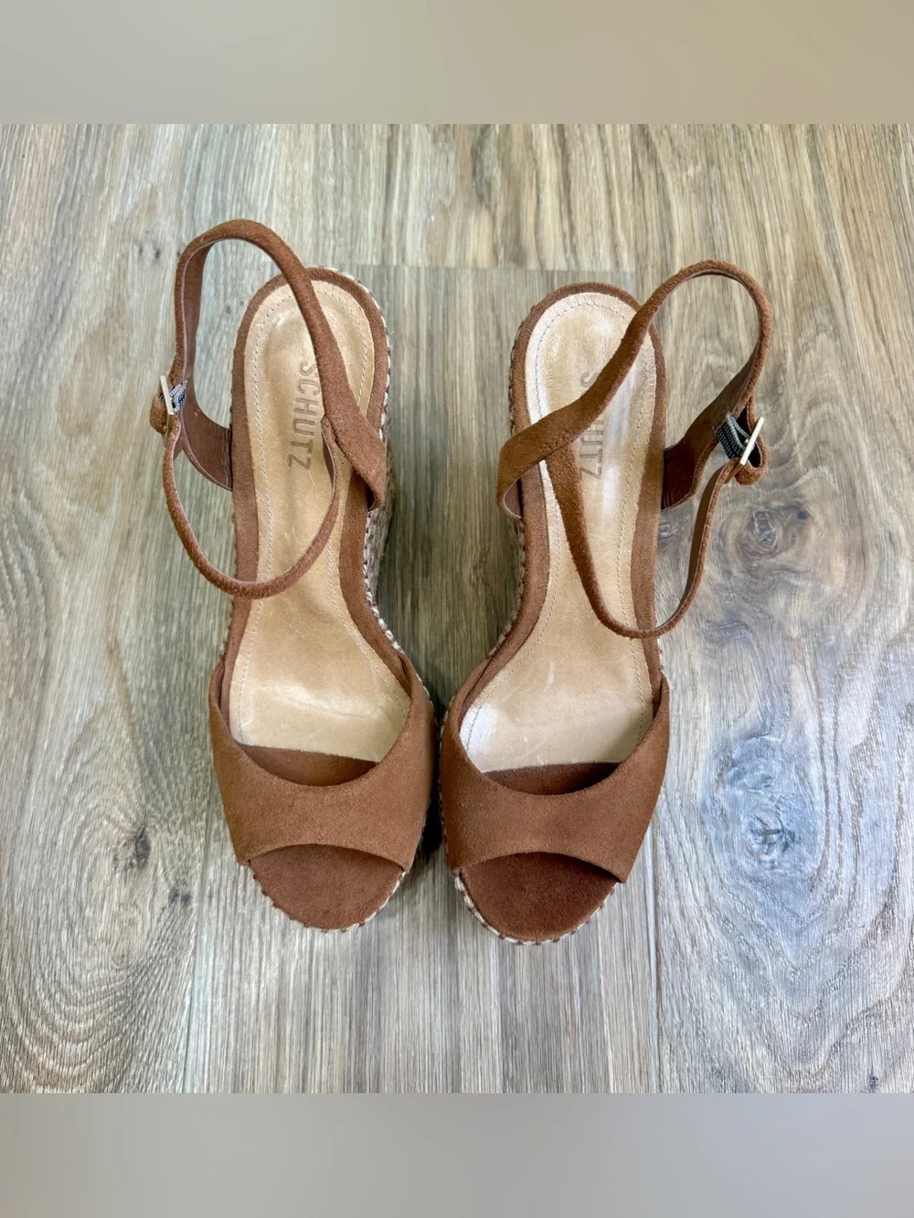 Schutz Brown Suede Espadrille Platform Wedge Sandals Ankle Strap Size 10B